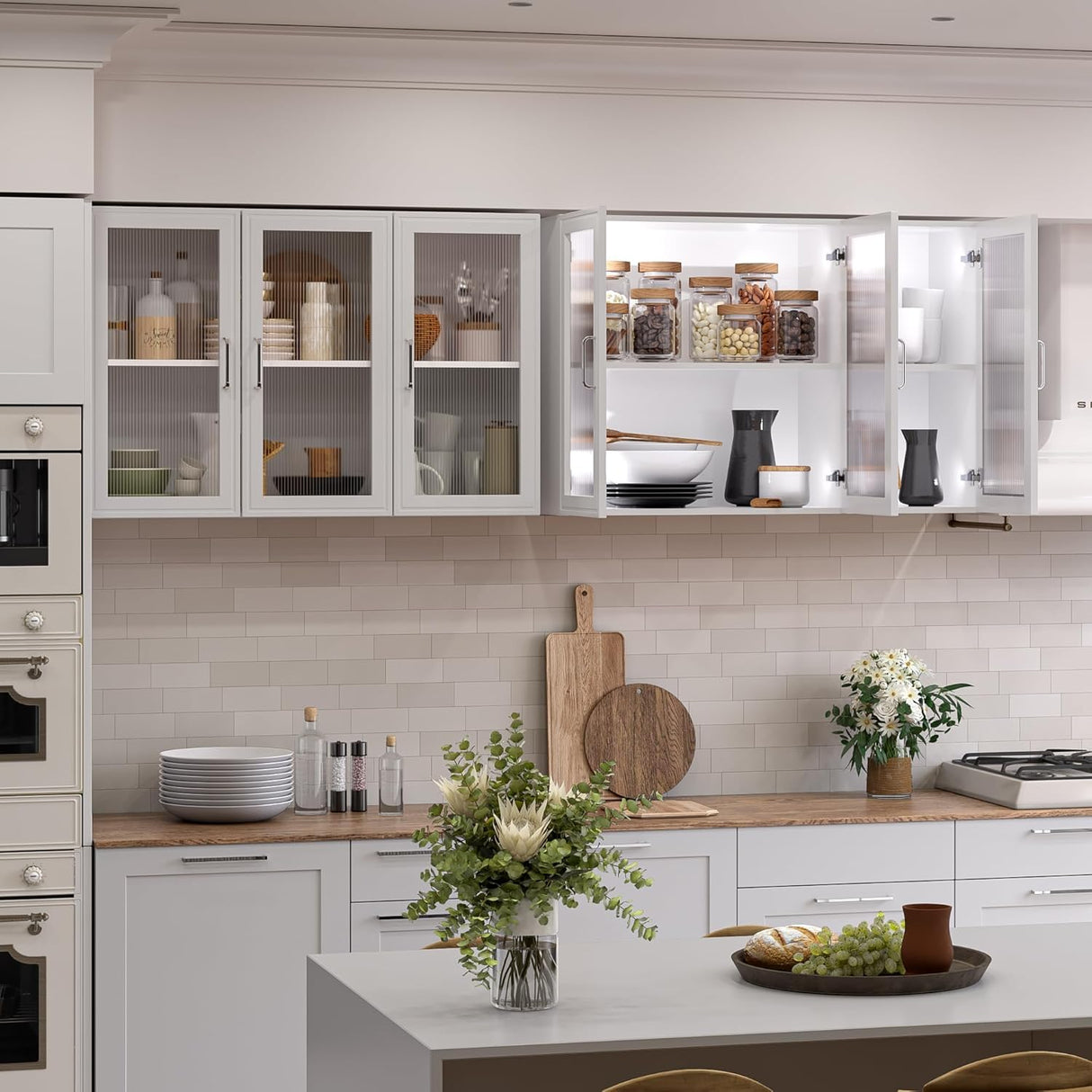 FIMELLO Wall Cabinet, Acrylic Glass Wall Mounted Storage Cabinets， Medicine Cabinet for Kitchen Garage Laundry, White, 3 Door FIMELLO