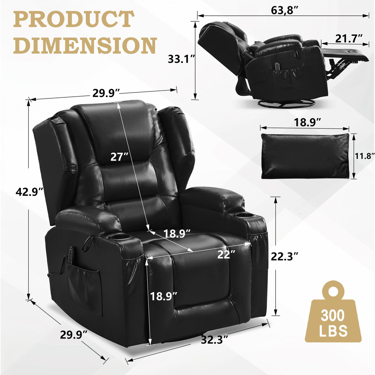 DRMBOOK Leather Rocker Recliner Chairs for Adults, 360° Swivel Rocking Theater Seating with Heat and Massage, Oversized Single Sofa with Led Lights for Living Room (Black,Single Chair) DRMBOOK
