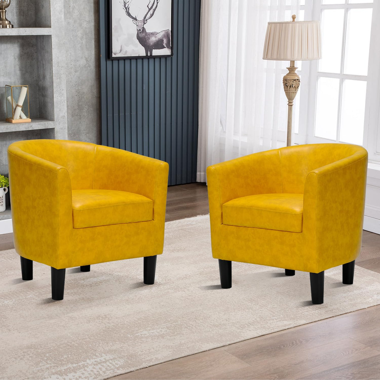 INZOY Modern Accent Chair with Ottoman for Small Space, Club Chair with Ottoman Set, Comfy PU Leather Barrel Reading Chairs for Living Room Bedroom, Round Reading Chair with Foot Rest, Yellow INZOY