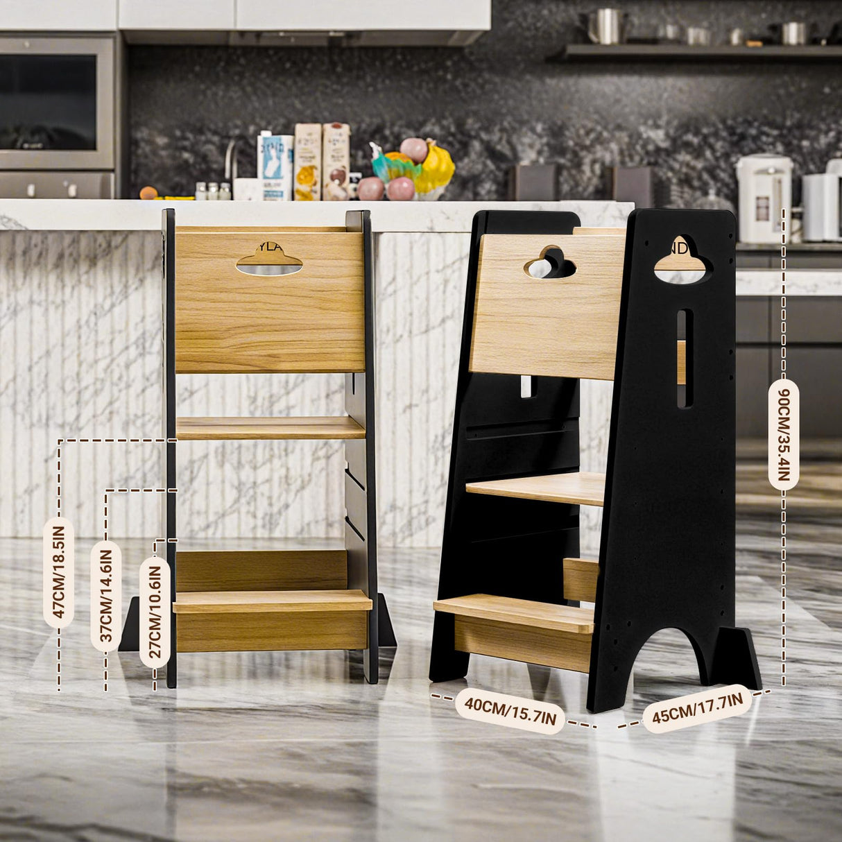 COSYLAND Toddler Standing Tower Adjustable Height - Super Stable Toddler Kitchen Stool Helper - 3 Levels Adjustable Wooden Toddler Kitchen Stool (Natural & Black) COSYLAND