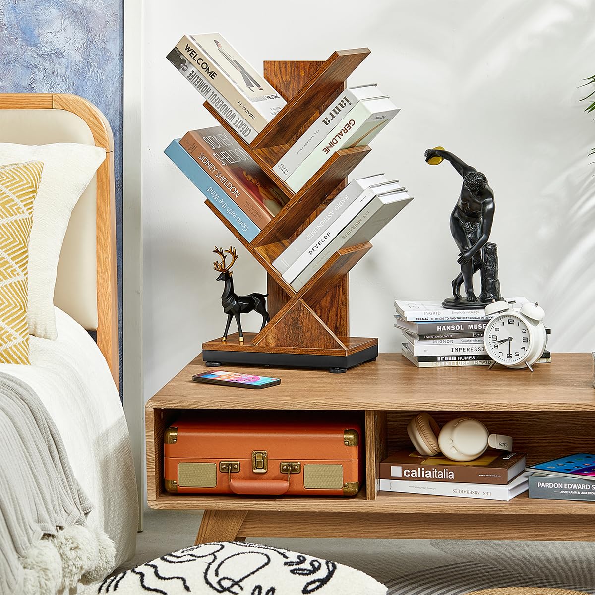 ruboka Tree Bookshelf,Retro Floor Standing Bookcase Display for CDs/Magazine/Books,Small Bookshelf for Bedroom,Living Room,Office,Balcony,Brown Storage Shelves (Brown, 5 Tier) ruboka