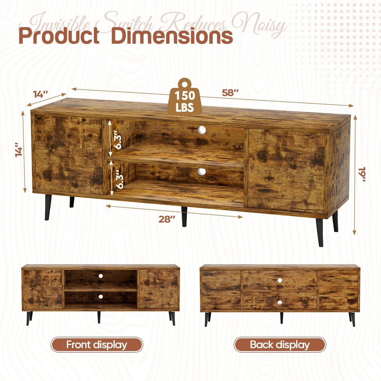 YESHOMY Modern TV Stand for 65" Television, Entertainment Center with Storage Cabinets and Open Shelves, Retro Style Media Console for Living Room, Bedroom, Office, 58 Inch, Rustic Brown YESHOMY