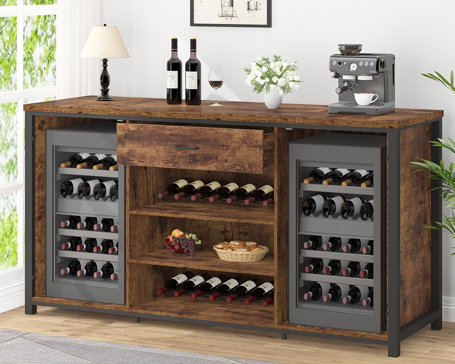 LVB Rustic Brown Large Bar Cabinet with Fridge Space and Storage Drawers WoodArtSupply