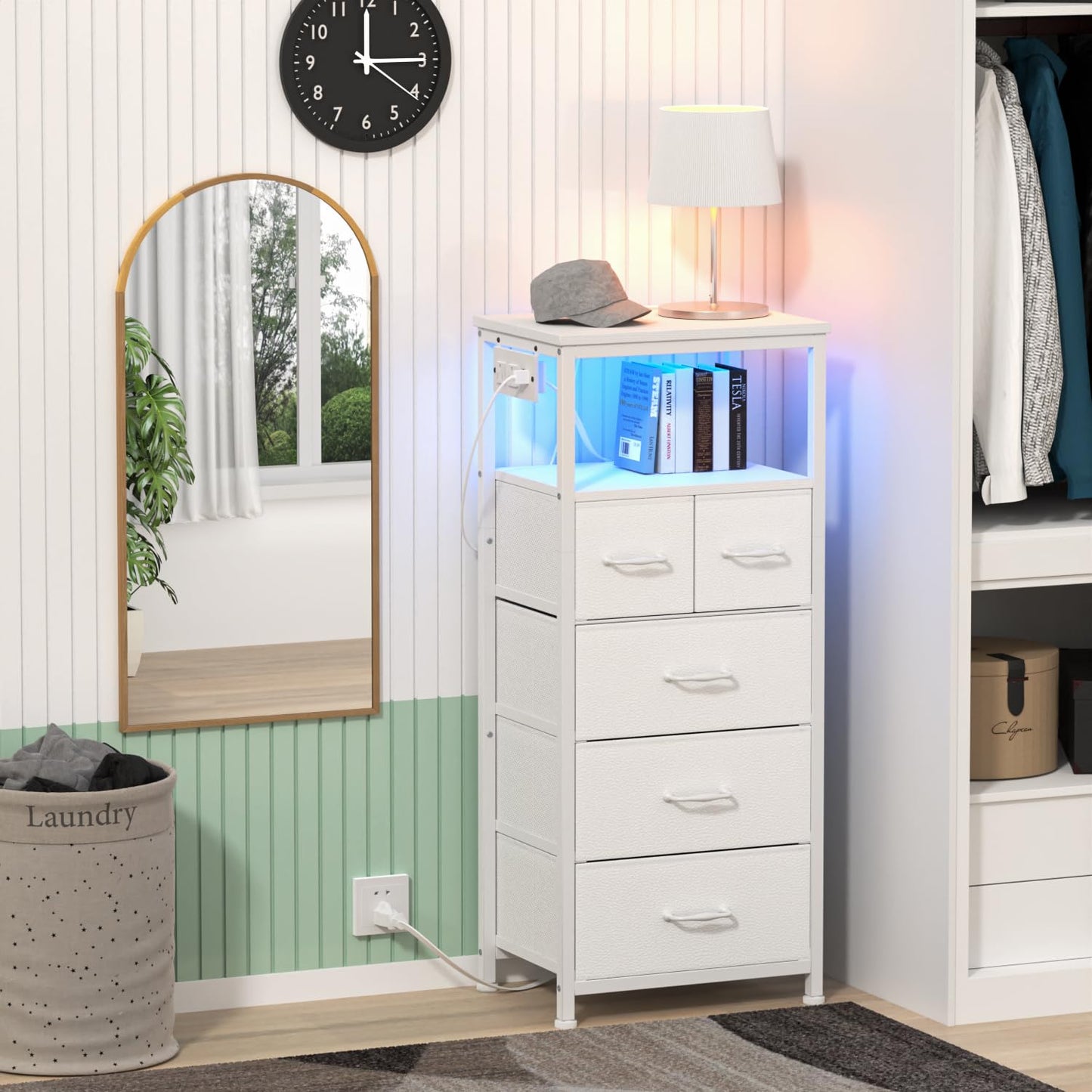 Furnulem Tall Nightstand with 5 Fabric Drawers, White Dresser for Bedroom with LED Lights and Charging Station, Vertical Bedside Table for Hallway, Entryway, Wood Top, Living Room Furniture - WoodArtSupply