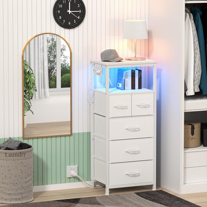 Furnulem Tall Nightstand with 5 Fabric Drawers, White Dresser for Bedroom with LED Lights and Charging Station, Vertical Bedside Table for Hallway, Entryway, Wood Top, Living Room Furniture - WoodArtSupply