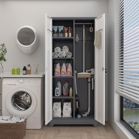 GREATMEET 72.8" H Metal Garage Storage Cabinets, Lockable Broom Closet Storage Cabinet with Doors and Shelves, Utility Cabinets for Storage Locker, Grey-White GREATMEET
