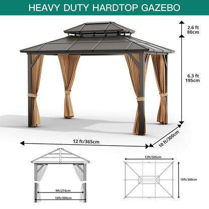 GarveeLife 10x12ft Hardtop Gazebo, Outdoor Polycarbonate Double Roof Canopy, Aluminum Frame Permanent Pavilion with Curtains and Netting, Sunshade for Garden, Patio, Lawns (Brown)