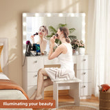 SMOOL Vanity with Lighted Mirror, Makeup Vanity Desk with Power Outlet and LED Bulbs, 3 Color Lighting Modes Adjustable Brightness, 7 Drawers Vanity Table with Cushioned Stool for Bedroom, Marble SMOOL