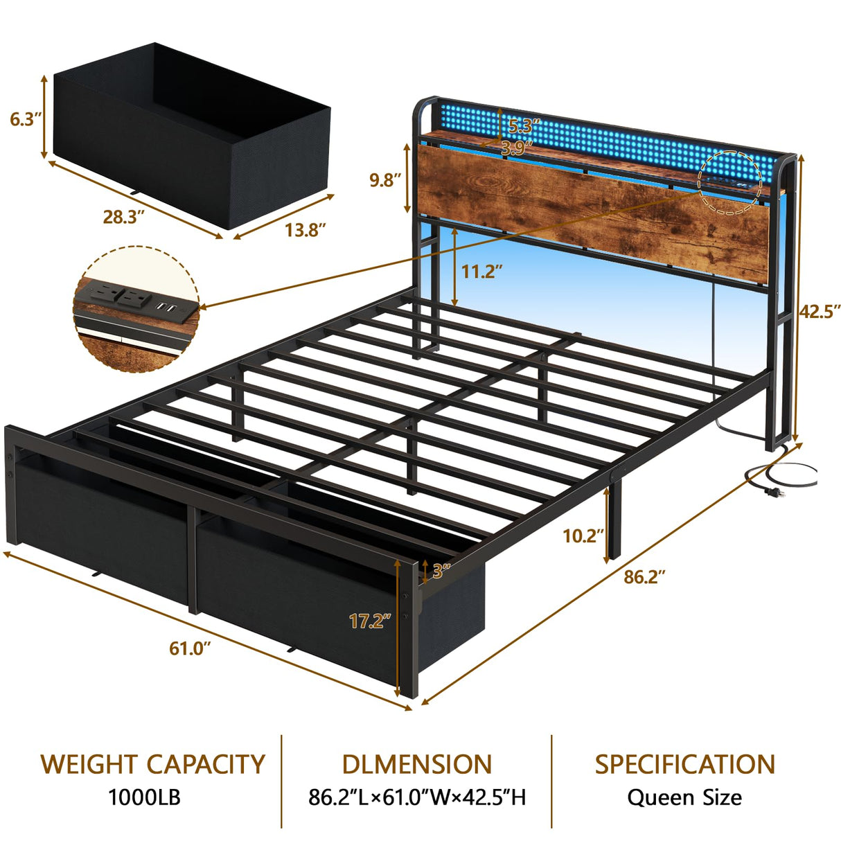 Furnulem Queen Size Bed Frame with Headboard, Platform Bed Frame Queen Size with 2 Storage Drawers and Charging Station & LED Lights, No Box Spring Needed, Noise Free Furnulem