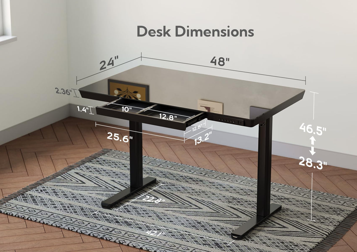 YDN Glass Standing Desk with Drawers, 48 x 24 Inch Electric Stand Up Desk with USB Ports, Adjustable Height Desk for Home Office, Black YDN