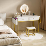 KAI-ROAD Makeup Vanity Desk with Mirror and Lights - Small White Gold Vanity Table with Fabric Drawers & Chair, Power Outlet, Modern Make Up Vanitys Desks Set, Dressing Table for Girls Bedroom KAI-ROAD