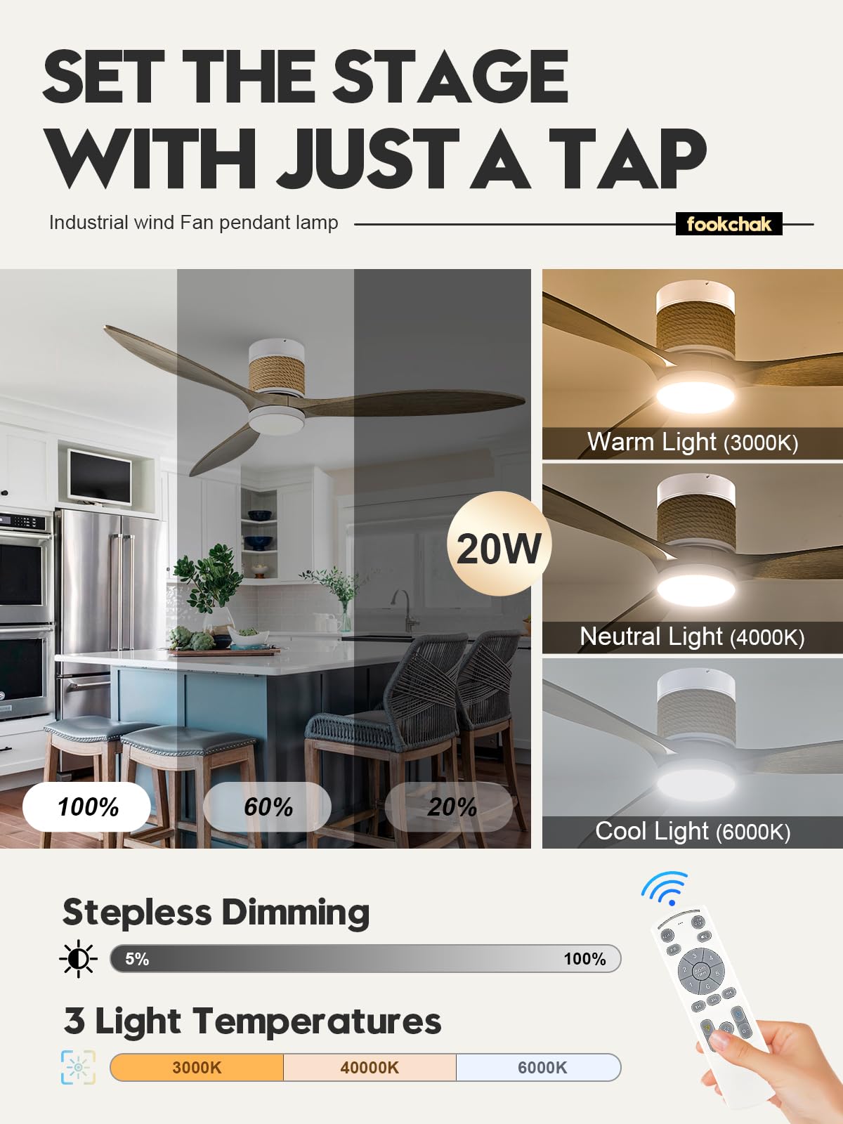 60in Boho White Ceiling Mount Fan Light Dimmable with Remote Control 3 Blade Hemp Rope Ceiling Fan with Light Coastal Weathered Wood Ceiling Fan Outdoor for Balcony Kitchen Bedroom, F22 FookChak