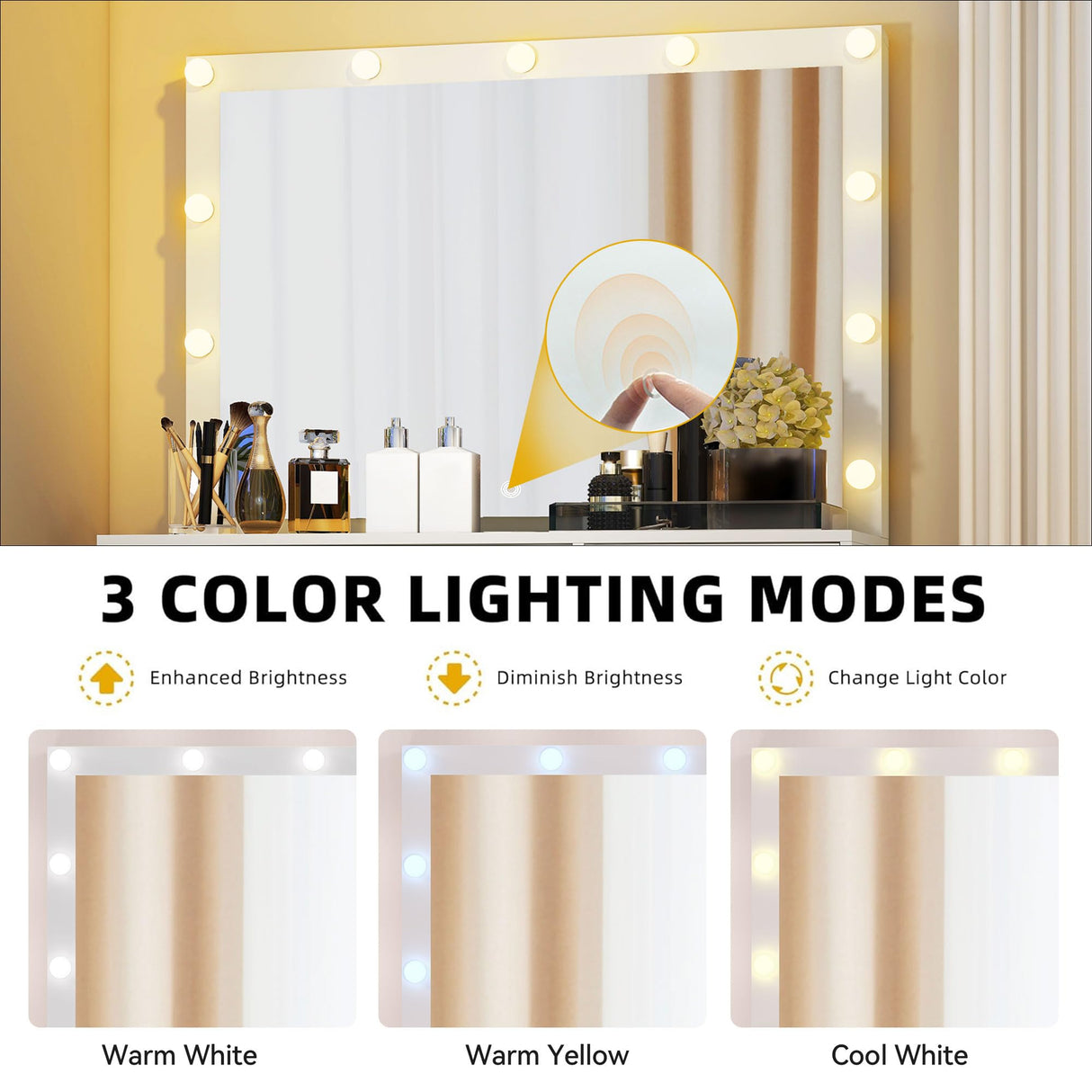 DWVO LED Makeup Vanity Table with 3 Light Modes, 4 Storage Drawers, Built-in Power Outlets & Hairdryer Holder, Dressing Table with Cushioned Stool DWVO