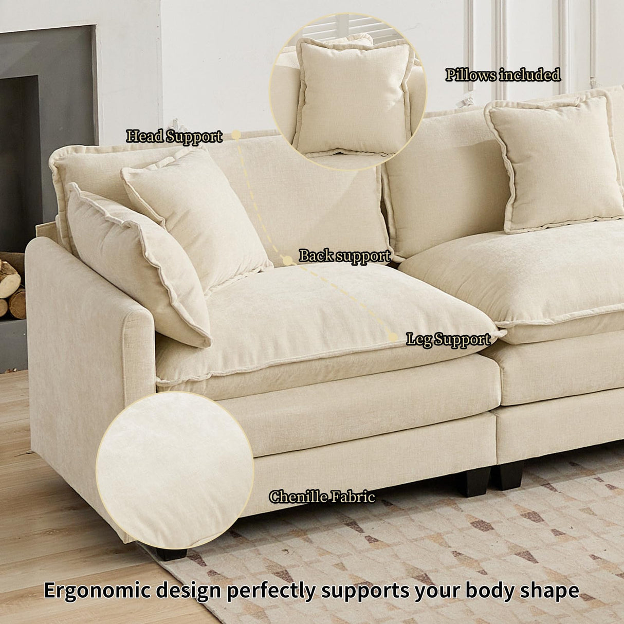 76.7" Oversized Beige Loveseat Sofa, Ivory Off-White 2 Seater Large Sectional Couches for Living Room, Chenille Fabric Modular Sectional Sofa with 1 Ottoman, Modern Sofas Set, Love Seat Couches ODUSE-DAILY