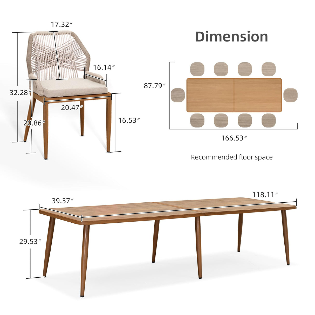 PURPLE LEAF 11 Pieces Dining Set Patio Metal Rectangular Table and Wicker Rattan Chairs for Outside Porch Garden Kitchen Modern Outdoor Furniture Sets PURPLE LEAF