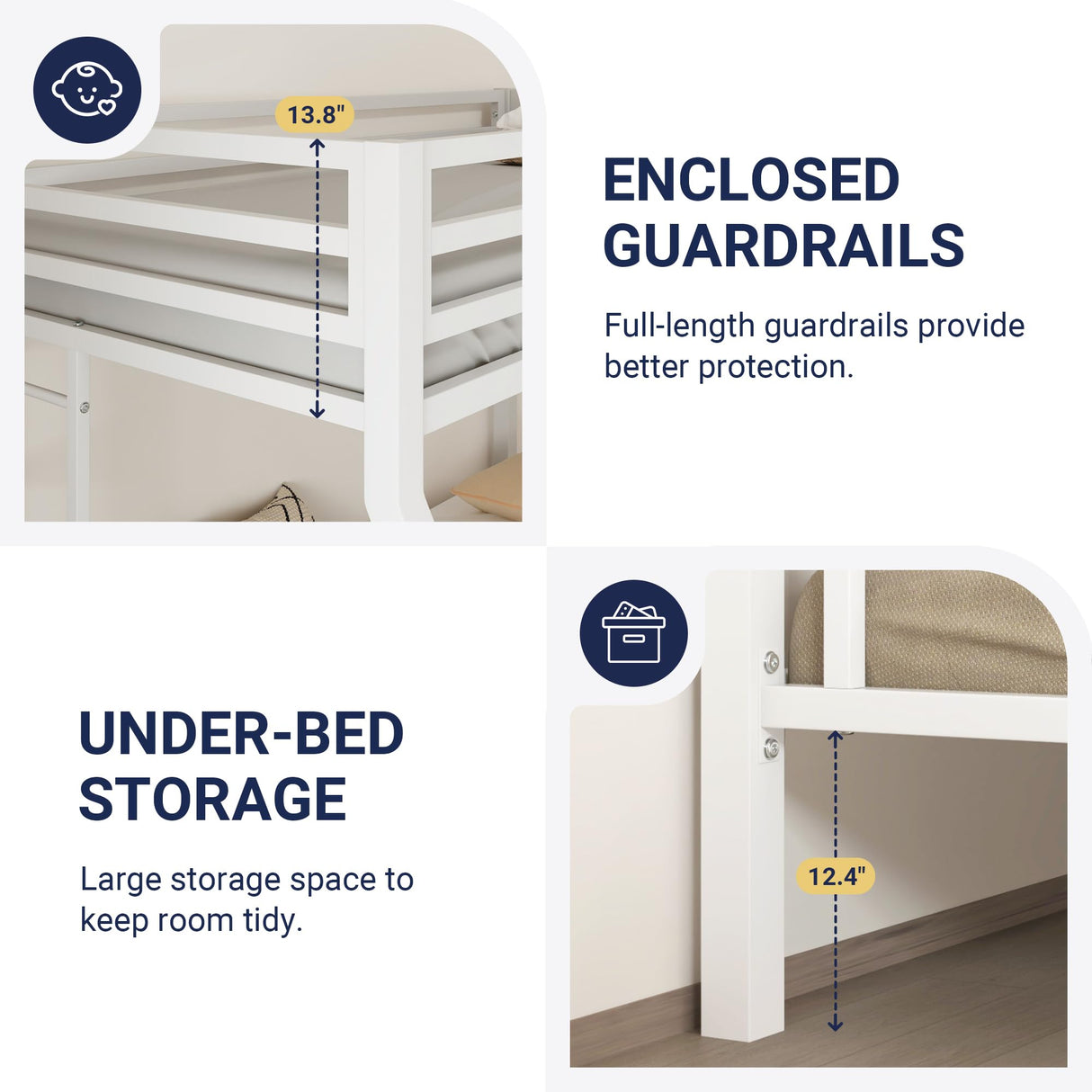 Allewie Metal Bunk Bed Twin Over Full Size for Junior & Adults with Ladder and Heavy Duty Guardrail, Small Space Saving Design for Bedroom Kid Room and Dorm, White Allewie