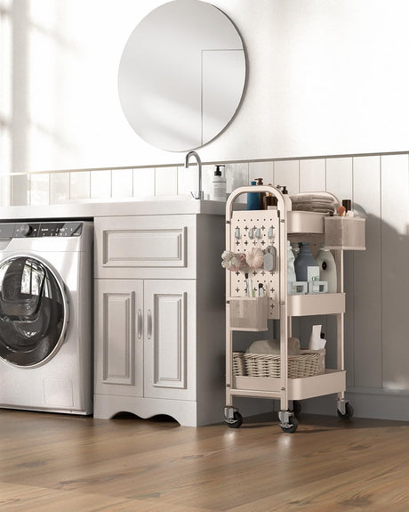 ALVOROG 3 Tier Rolling Cart with DIY Pegboards Metal Utility Cart with Wheels Handles Baskets Hooks, Craft Cart for Office Kitchen Bathroom(Khaki) ALVOROG