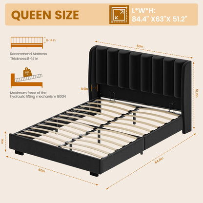 knoworld Queen Size Lift Up Storage Bed Frame with 51" Tall Headboard, Upholstered Velvet Wingback Tufted Design, Wood Slats Support, No Box Spring Required, Noise-Free Double Bed Frame (Queen,Black)