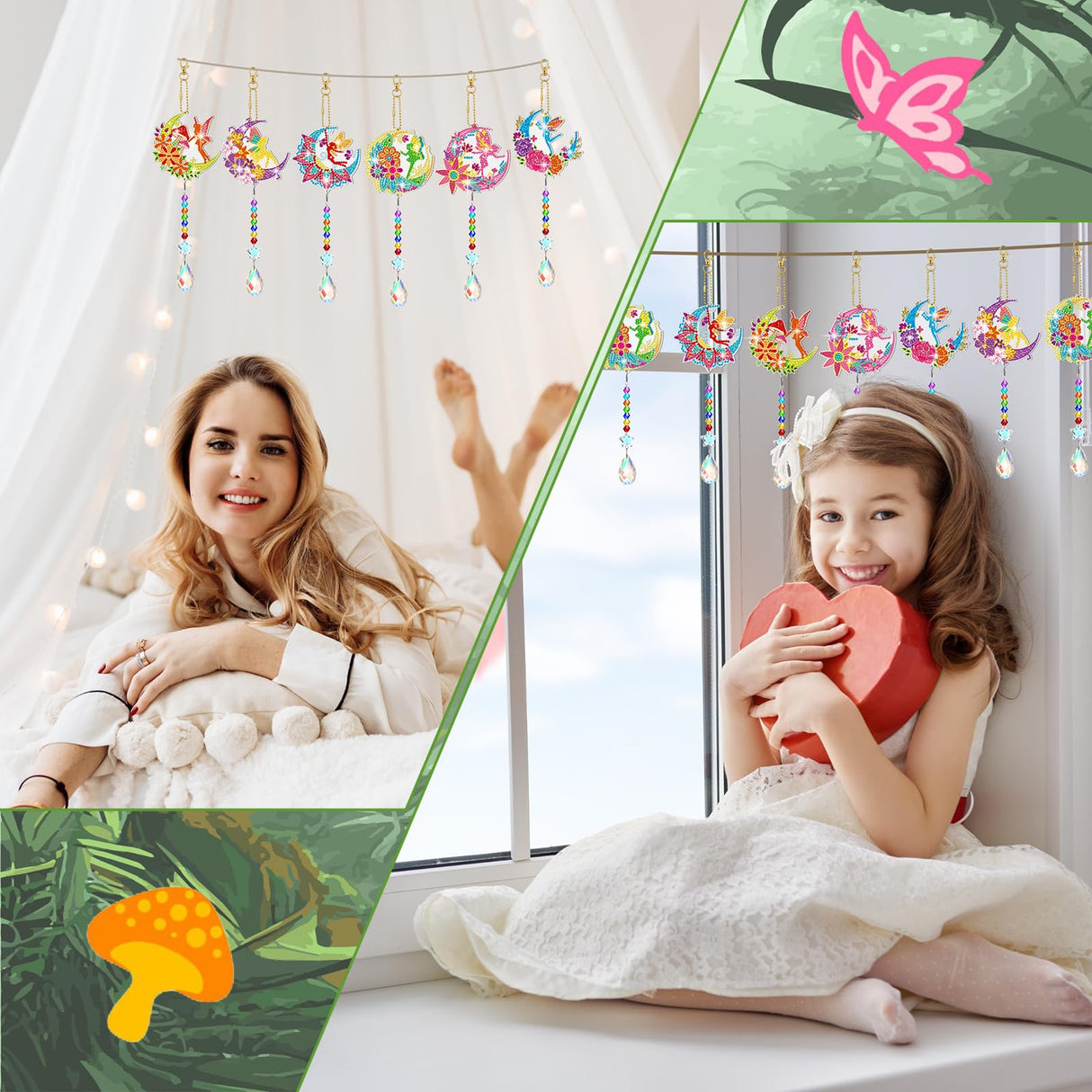 Tradder 6 Pcs Diamond Painting Wind Chimes Spring Diamond Painting Kit Double Sided Elf Ornaments with Crystal Pendant 5D Diamond Art for Spring Home Garden Hanging Ornament Tradder