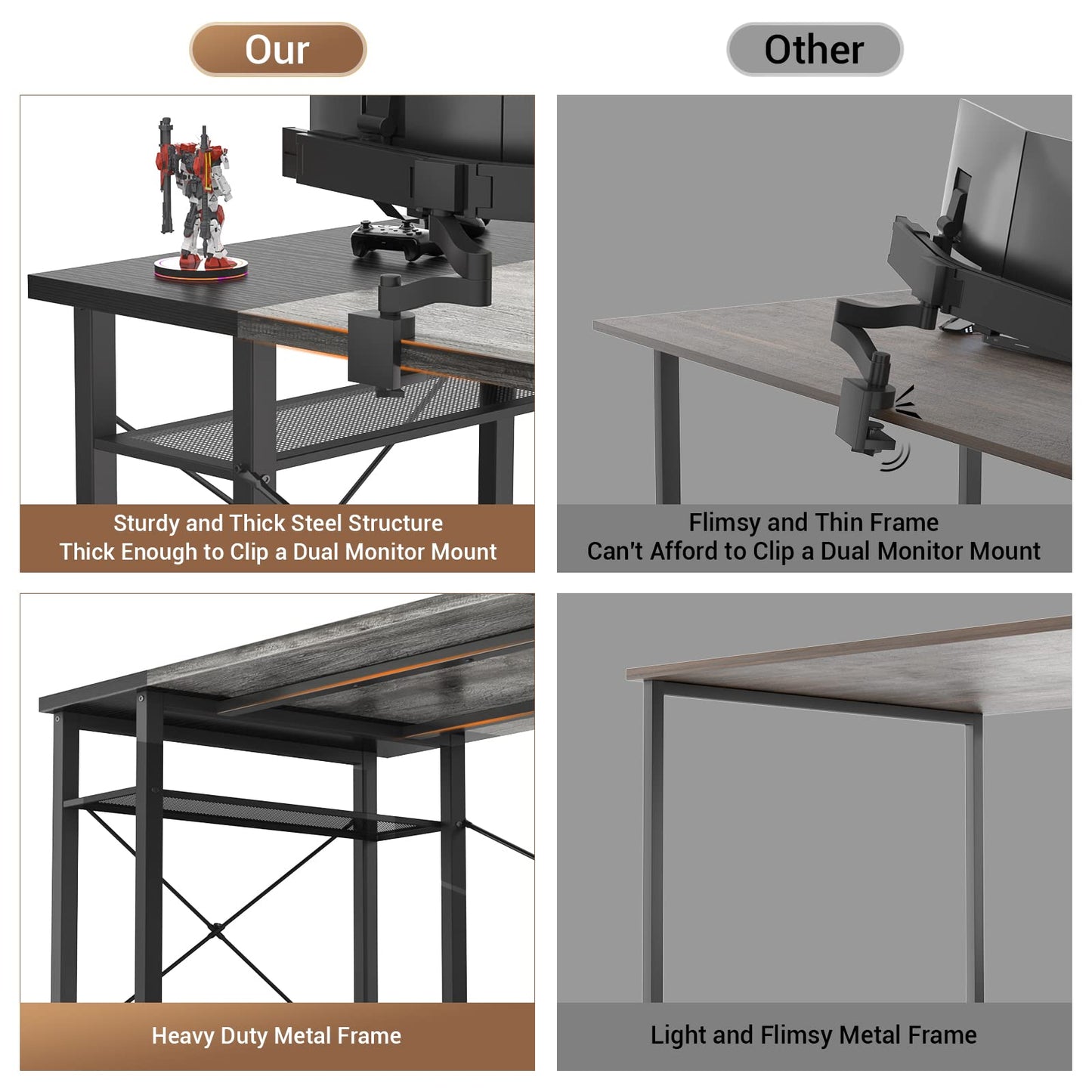 armocity Computer Desk with LED Lights, 55 Inch Desk with Power Outlet and USB, Reversible Large Desk with Moveable Monitor Stand, 55.2'' Gaming PC Table for Home Office, Workstation, Grey an - WoodArtSupply