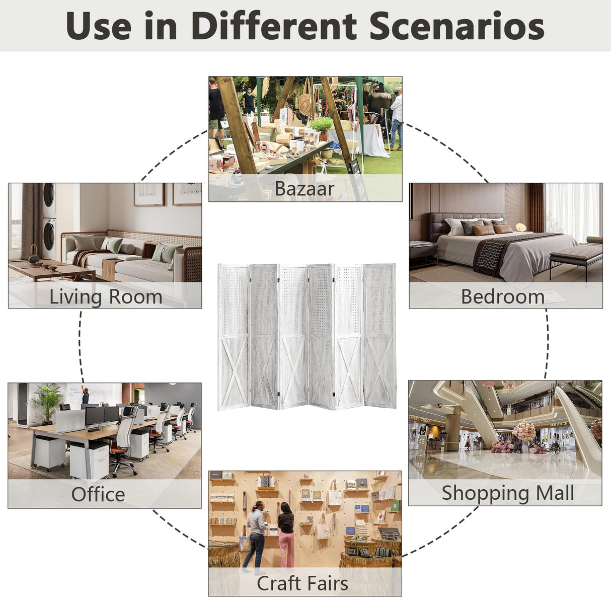 ALeesing 6 Panel Room Divider, 5.6Ft Pegboard Display Wood Folding Privacy Screens, Room Divider Peg Board Display Freestanding for Trade Show Craft Show Home Wall Organizer, Retro White ALeesing