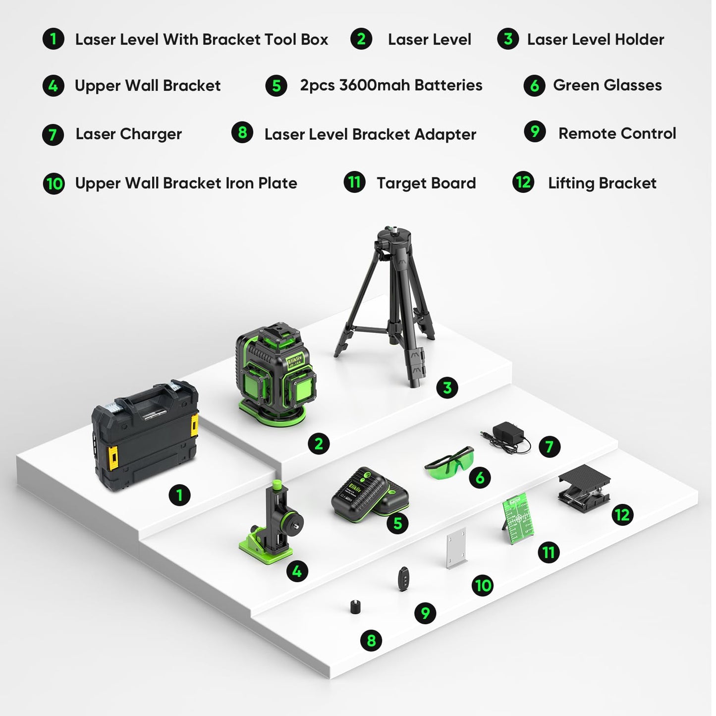 Laser Level 360 Self Leveling with Tripod, Elikliv 4D Laser Level, 165Ft Green Laser Level Lines Tool, 4x360° Cross Line Laser for Construction, Floor - WoodArtSupply