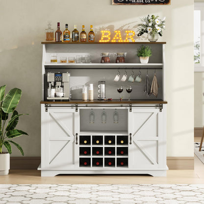 55" Farmhouse Coffee Bar with 3-Tier Storage, Kitchen Hutch Storage Cabinet with 6 Hooks, Wine Bar Cabinet with 12 Wine Racks & 3 Glass Holders, Hutch Cabinet with Storage for Dining Room, White