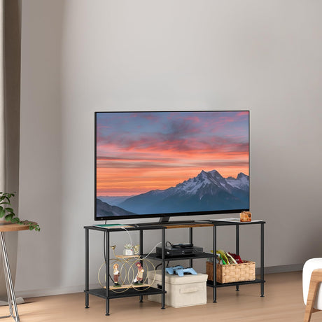 OYEAL Black Bedroom TV Stand with Storage Cabinet up to 50 inch TV, Small TV Console Table with Power Outlets 45 inch Media Entertainment Center for Living Room Bedroom OYEAL