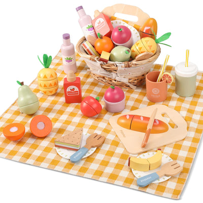 Pithfor Picnic Playset, Wooden Play Food Set for Kids Kitchen, Cutting Pretend Play Kitchen Food Toy for Toddlers Girls Boys 1 2 3 4 5 Years Old