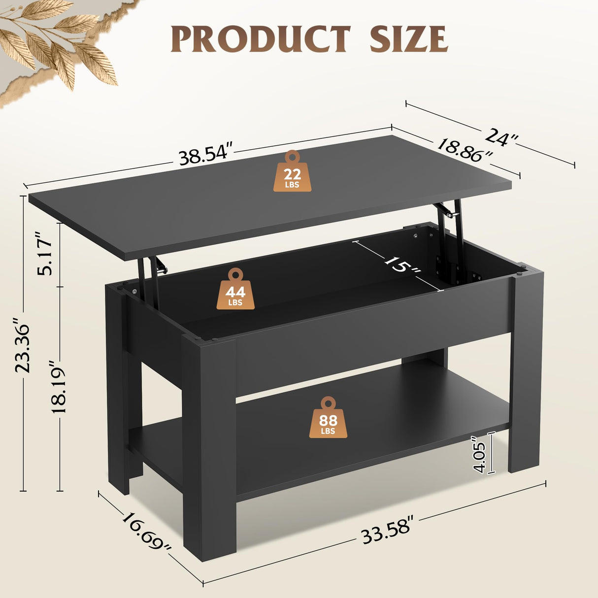 WLIVE Coffee Table, 39" Lift Top Coffee Table with Hidden Compartment, Storage Shelf and Lifting Top for Home Living Room, Office and Reception Room, Black WLIVE