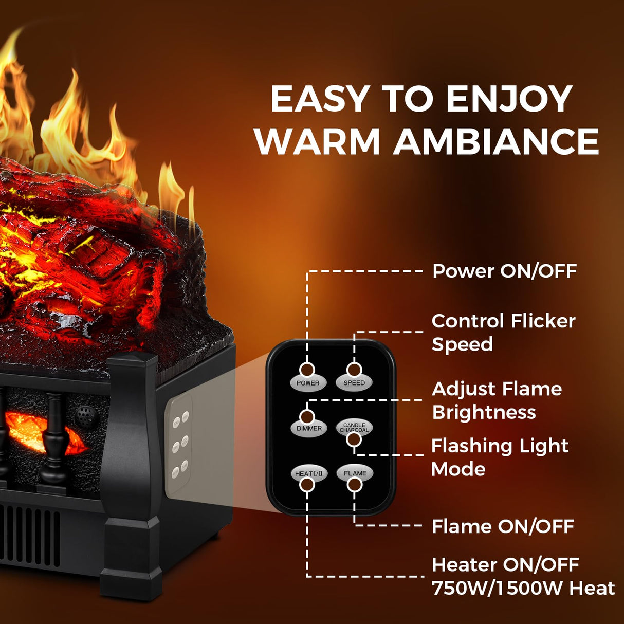 21 Inches Electric Fireplace Insert Log Heater Set, Freestanding Heater with Adjustable Flame Brightness and Flicker Speed, 750w/1500w Heating, Overheat Protection, Remote Control Electactic