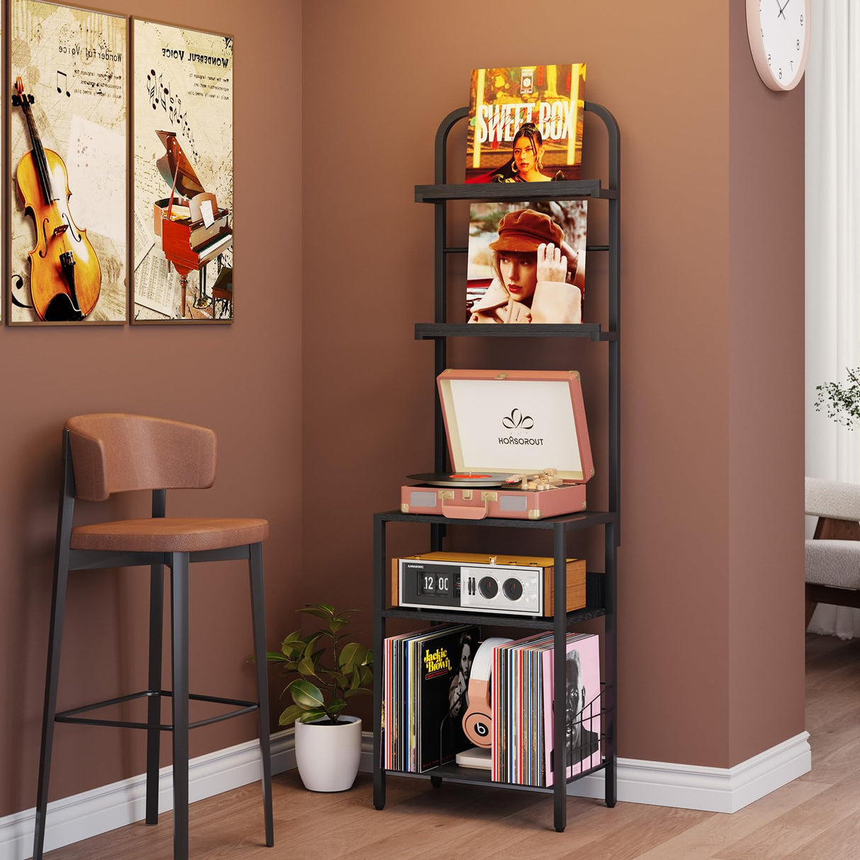 Homsorout Record Player Stand with Vinyl Storage - 5-Tier Turntable Table with Adjustable Feet, Metal & Wood Cabinet - Console Organizer Display Shelf for Living Room, Apartment Homsorout