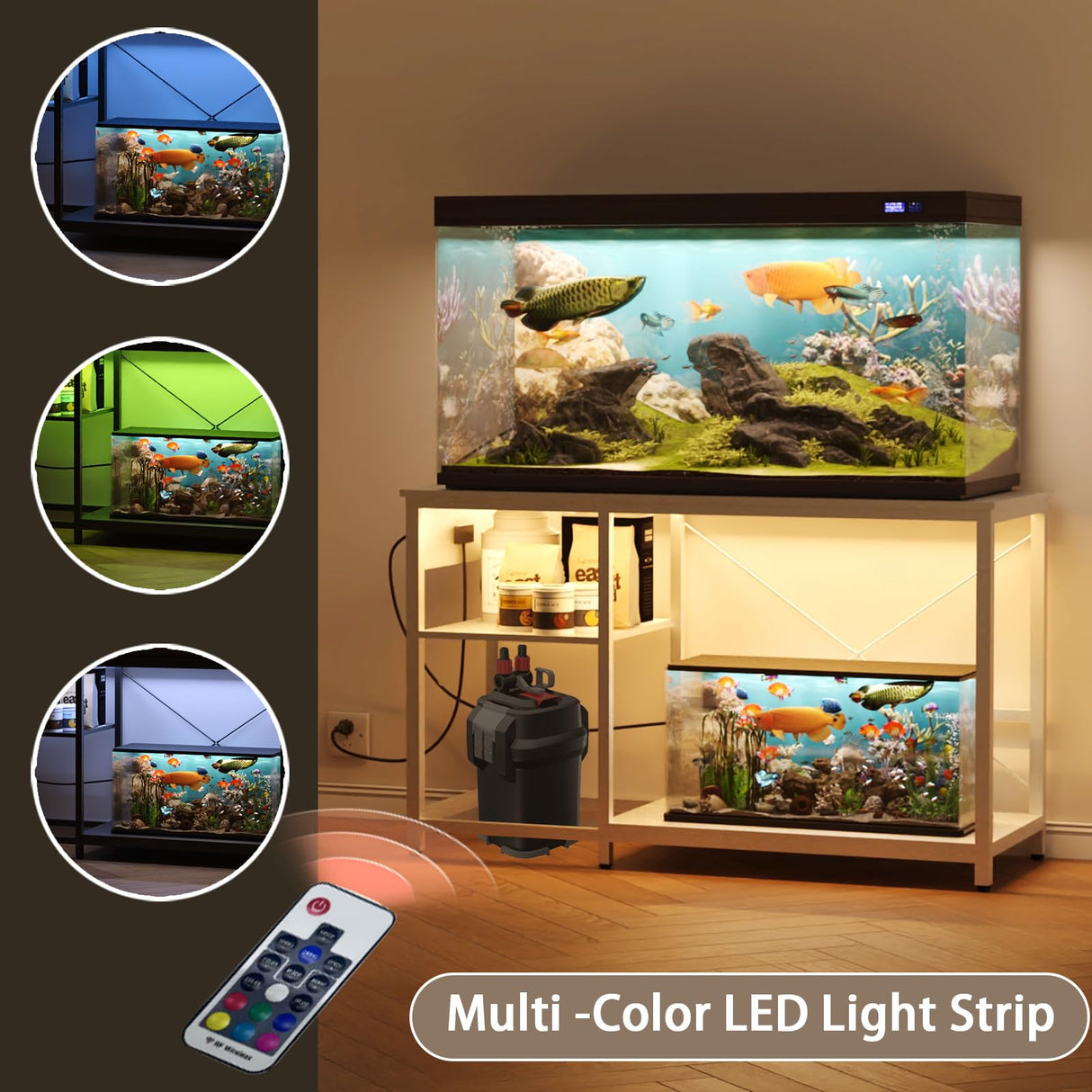 BEURUKU 55-75 Gallon Fish Tank Stand with Power Outlet & LED Light, Metal Aquarium Stand with 3 Tier Adjustable Storage Shelves, Tank Stand for Reptile Tank, Turtle Tank, 52" L*19.5" W, White BEURUKU