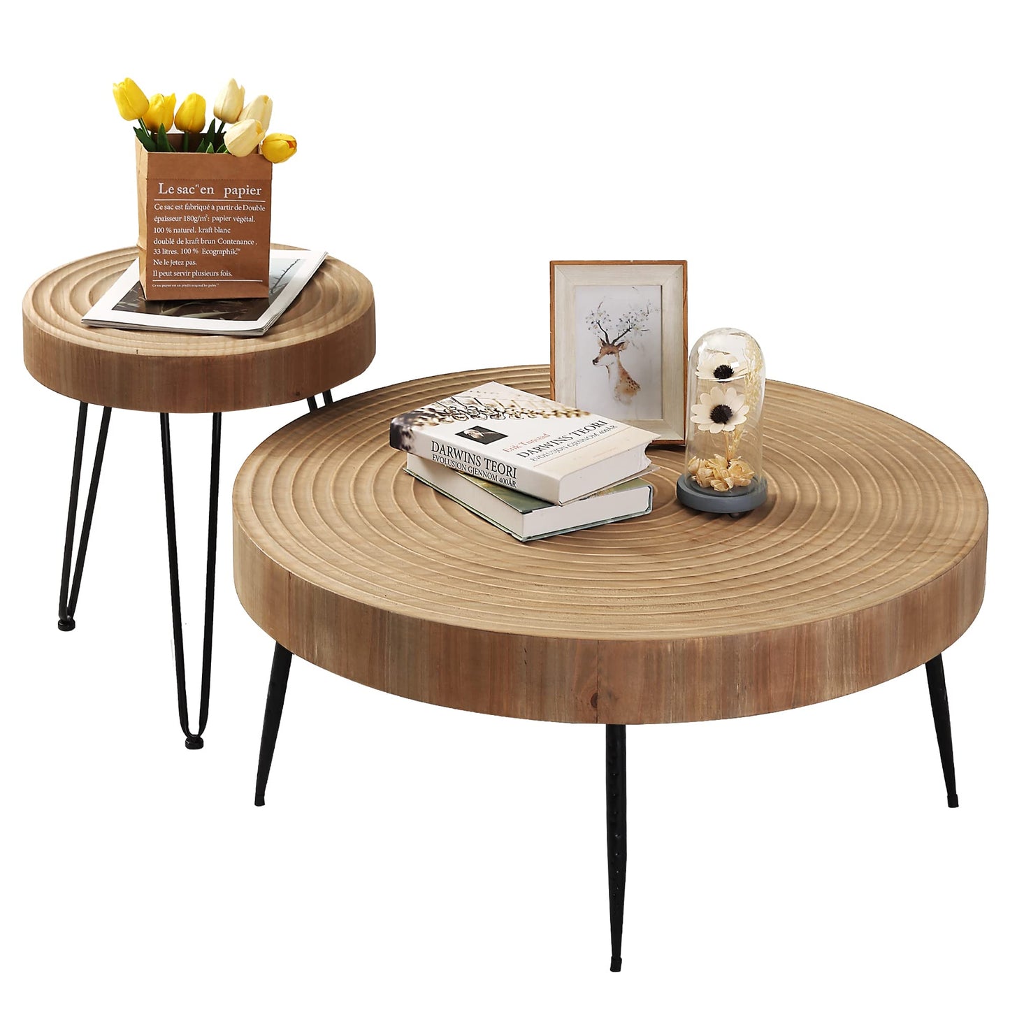 RUSTOWN Farmhouse Round Coffee Table Set of 2, Cocktail Table Set, Modern Circle Natural Wood Finsh Side and End Table Sets for Living Room(Helical, Natural) - WoodArtSupply