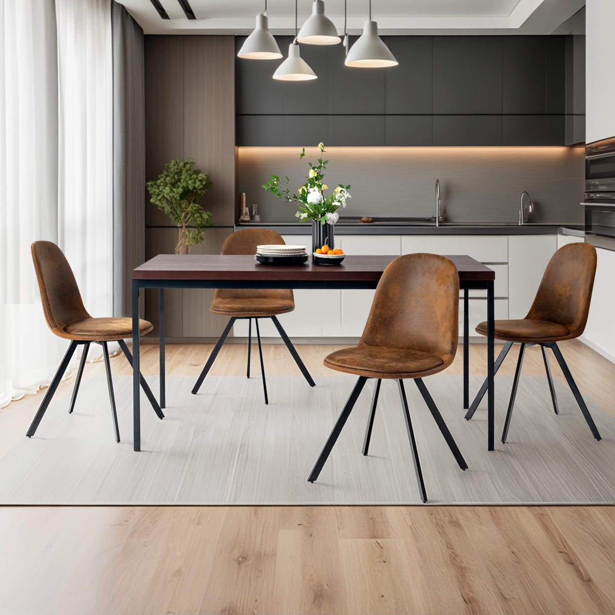 Homy Casa 5 Piece Mid-Century Modern 59" Rectangular Table & Chair Set for Dining Kitchen Room, 4 Upholstered Swivel Chairs in Suede Brown Homy Casa