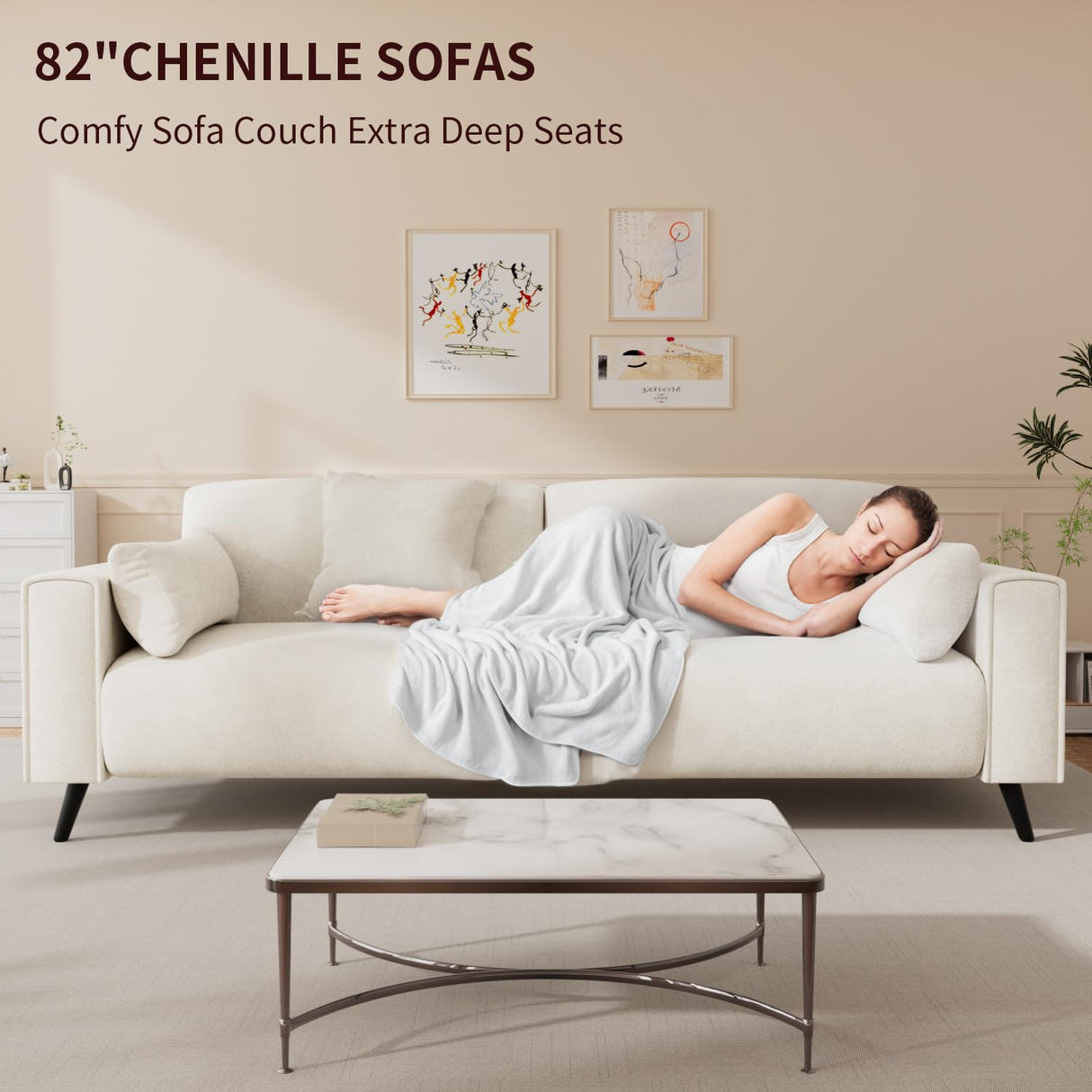 VOHOBY 82" Sofa Couch for Living Room, Modern Comfy Sofa with Extra Depth Seat and 2 Throw Pillow | 2 Armrest Pillow, 3 Seater Chenille Couches for Living Room Small Space, White VOHOBY