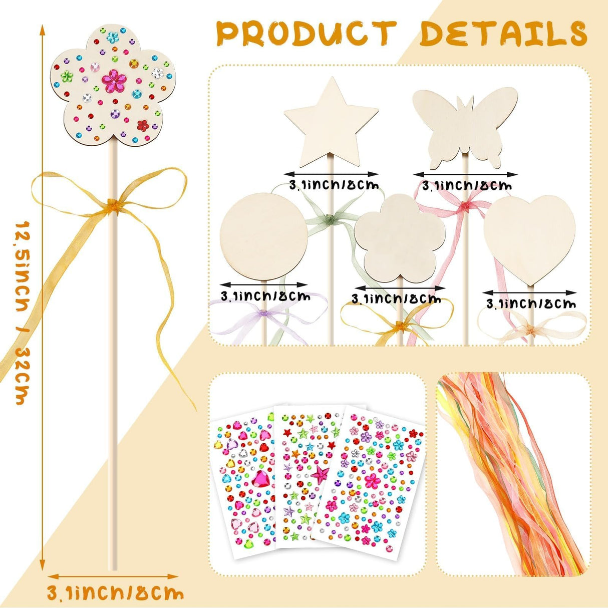 AUGSUN 43Pcs Princess Fairy Wands Kit, 20Pcs Wood Fairy Wands 20 Ribbons with 3 Sheets Gem Stickers Birthday Party Supplies Make Your Own DIY Crafts Art Magical Gifts AUGSUN