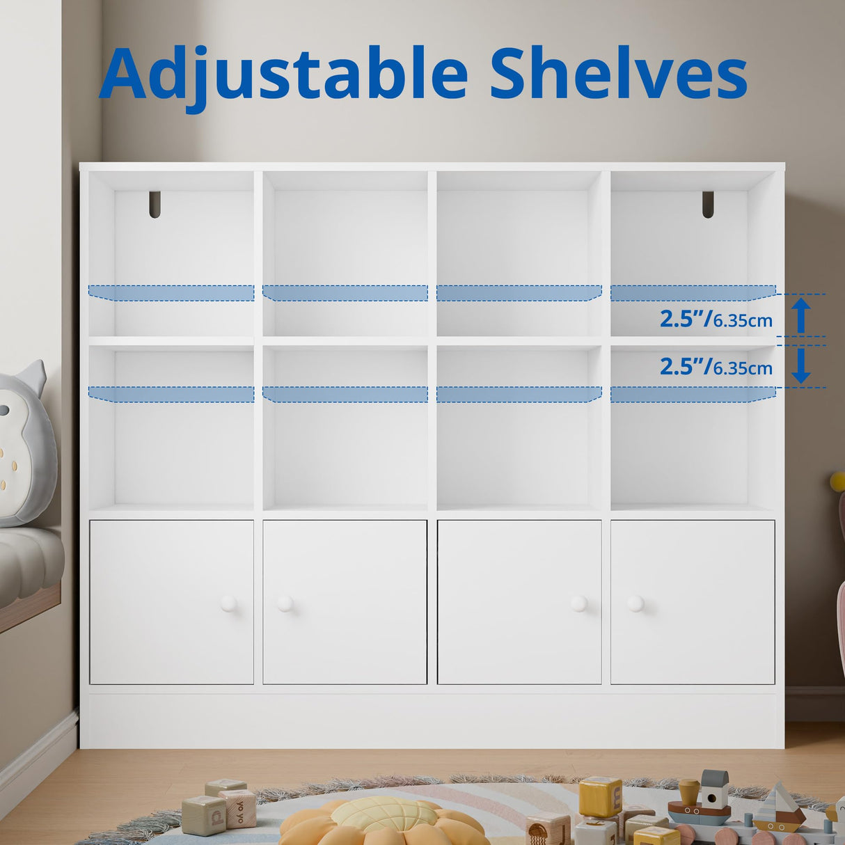 Cozy Castle White Wood Bookcase,12 Cube Storage Organizer Bookshelf with 4 Doors,3 Tier Storage Cabinet with Adjustable Shelves for Bedroom, Living Room, Office Cozy Castle