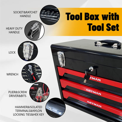 439-Piece Tool Set with Tool Box, 3-Drawer Toolbox Storage Case with Lock Portable Tool Chest with Tool Set General Household Tool Storage Organizer for Garage Workshop, Black + Red - WoodArtSupply