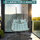 JOYBASE Double Swing Egg Chair with Stand, 2-Person Hanging Egg Chair Wicker Rattan Oversized Swinging Chair for Outdoor Indoor Garden Patio (Light Blue) JOYBASE