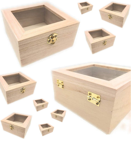 10 pc Set Unfinished Wood Craft Box with Window for Arts, Crafts and Birthday Party Favor DIY Oojami