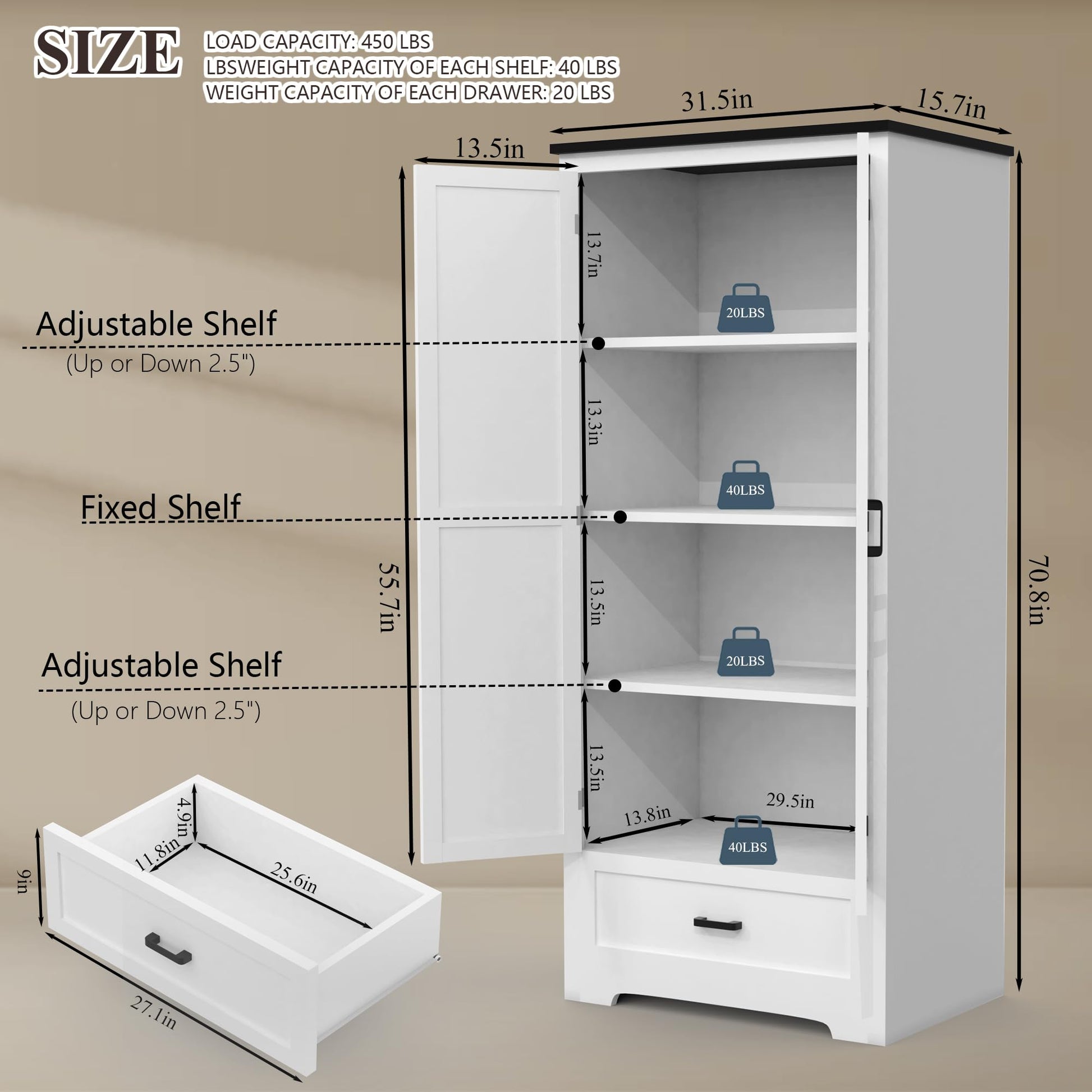 MISHAO 71" Kitchen Pantry Cabinet with Adjustable Shelf, Tall Storage Cabinet with Doors & Large Drawer, Modern Farmhouse Wood Pantry for Kitchen, - WoodArtSupply