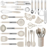 Kitchen Utensils Set-Silicone Cooking Utensils-33pcs Non-Stick Silicone Cooking Kitchen Utensils Spatula Set with Holder-Best Kitchen Cookware with Stainless Steel Handle (Khaki) BESTZMWK