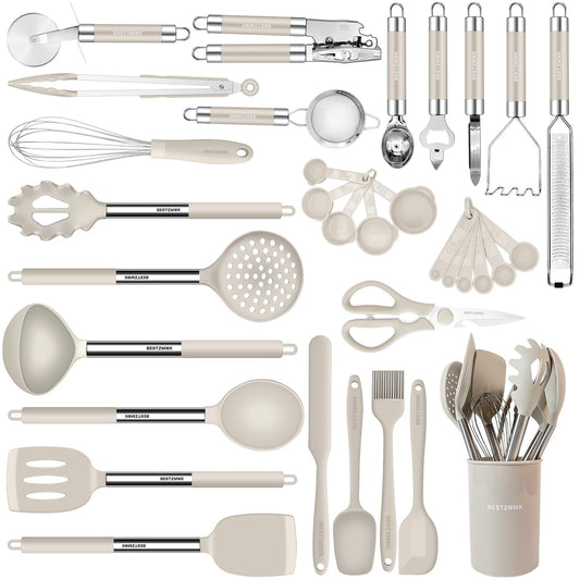 Kitchen Utensils Set-Silicone Cooking Utensils-33pcs Non-Stick Silicone Cooking Kitchen Utensils Spatula Set with Holder-Best Kitchen Cookware with Stainless Steel Handle (Khaki)