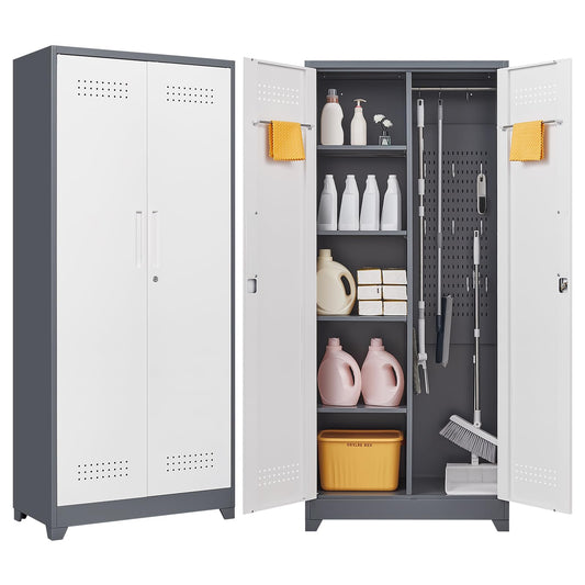 72.8"H Broom Closet Storage Cabinet, Utility Closet for Brooms and Mops, Cleaning Metal Storage Cabinet with Pegboard and Hanging Rod, Metal Cabinet with Doors and Adjustable Shelves，Garage，Grey-White