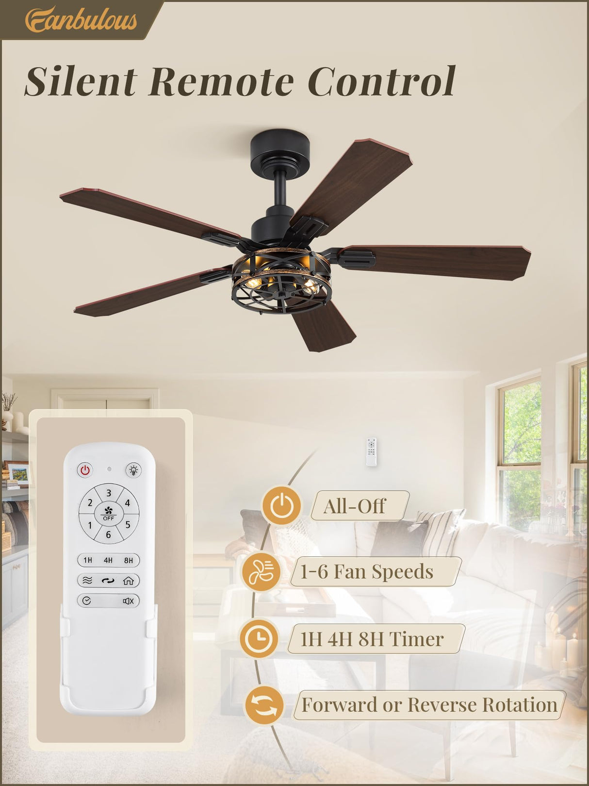 2 Pack 42 Inch Rustic Caged Ceiling Fan with Lights, Black Farmhouse Ceiling Fans for Bedroom Living Room, Double-Sided 5 Blades Rustic Ceiling Fan Fanbulous