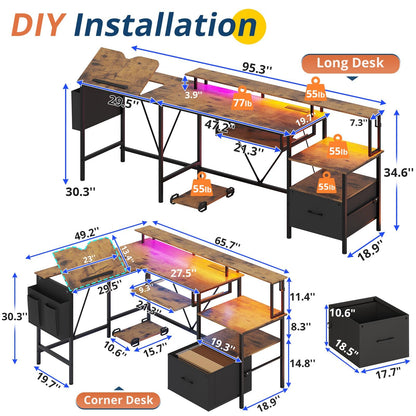 VIGKOOK L Shaped Gaming Desk with Keyboard Tray, Adjustable Drafting Table, Reversible Home Office Desk with Storage, Power Outlet LED Light File Cabinet Monitor Stand Printer Space (Brown) - WoodArtSupply