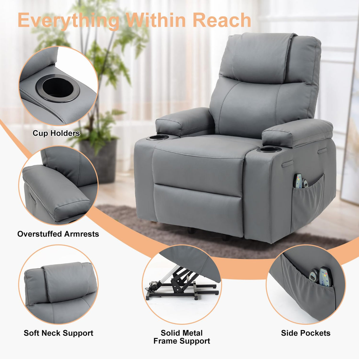 Power Lift Recliner Chair for Elderly, Electric Stand Assist Reclining Chair with Massage and Heat Function, Leather Living Room Furniture, Comfy Single Sofa with Cup Holders, Side Pockets, Gray BRTHORY