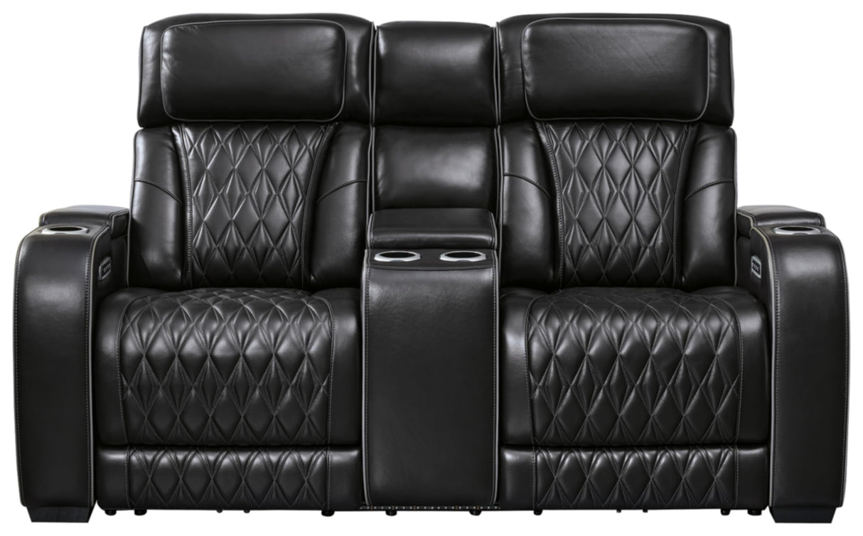 Signature Design by Ashley Boyington Modern Leather Match Power Reclining Loveseat with Console, Adjustable Headrest, Massage, Heated Seat and LED Lights, Black Signature Design by Ashley