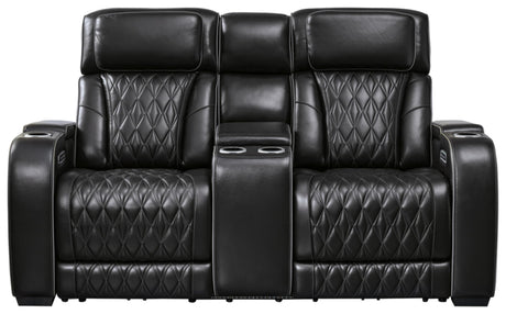 Signature Design by Ashley Boyington Modern Leather Match Power Reclining Loveseat with Console, Adjustable Headrest, Massage, Heated Seat and LED Lights, Black Signature Design by Ashley
